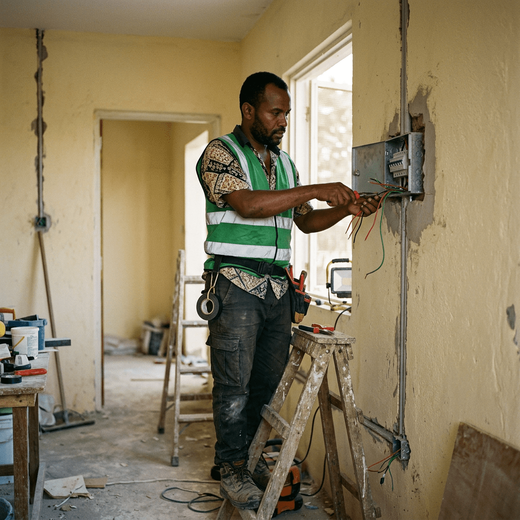 Electrician installing electrical wiring in a panel inside a room under renovation