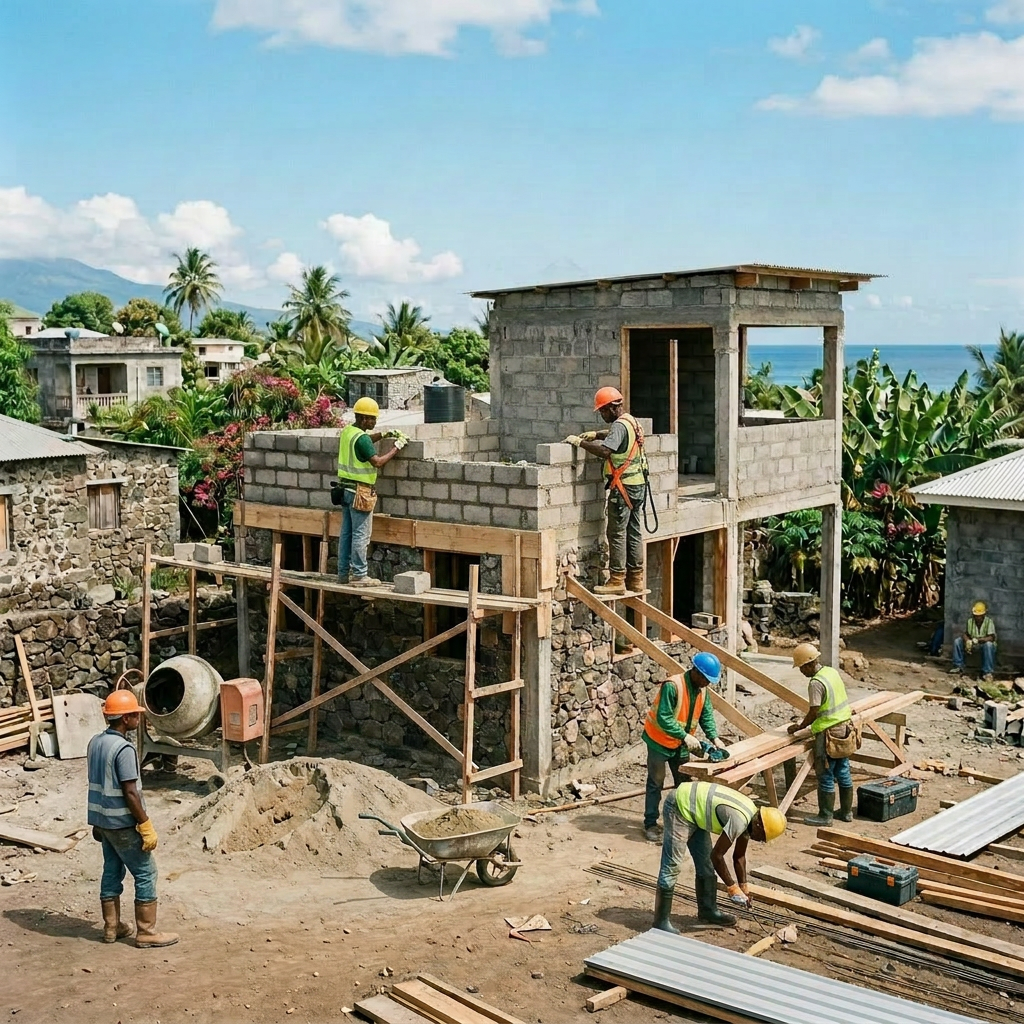 Construction workers building a two-story concrete block house at a coastal site